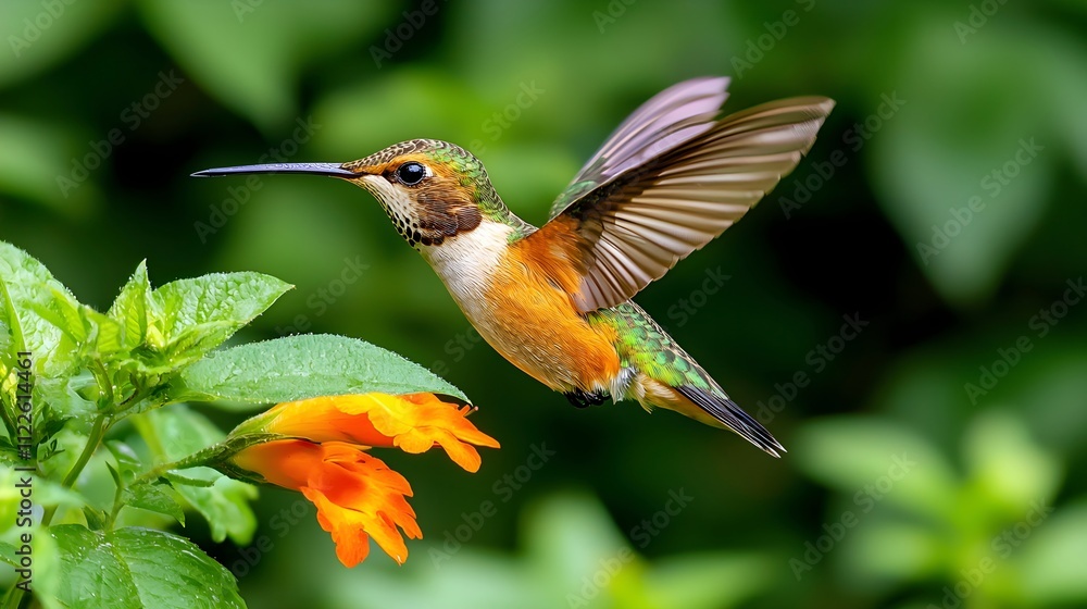 Fototapeta premium Close-Up of a Vibrant Hummingbird Hovering Near an Orange Flower, Surrounded by Lush Green Foliage, Capturing the Grace and Beauty of Nature in Stunning Detail and Motion