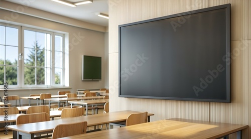 Modern classroom interior with wooden furniture and a large display screen on the wall photo