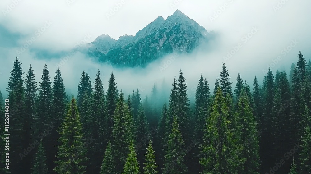 Obraz premium Misty Mountain Peaks Evergreen Forest at Dawn