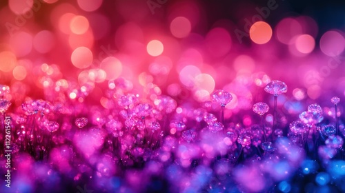 A vibrant, colorful abstract scene featuring sparkling flowers and blurred lights.