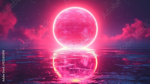 A vibrant, surreal landscape featuring a glowing pink sun reflecting on a calm surface.