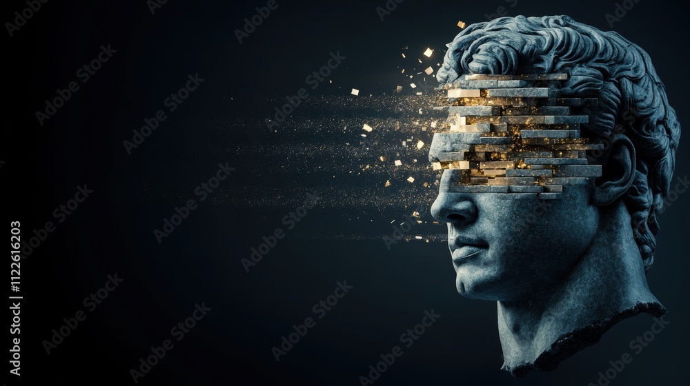 Obraz premium Fragmented classical sculpture head with floating golden particles on a dark background