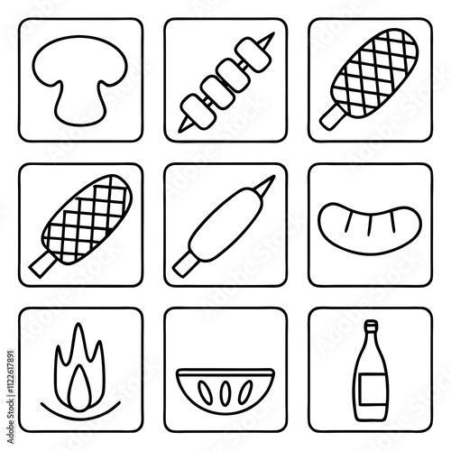 Barbecue Grill Icons Food, Skewers, Fire, and Drinks photo