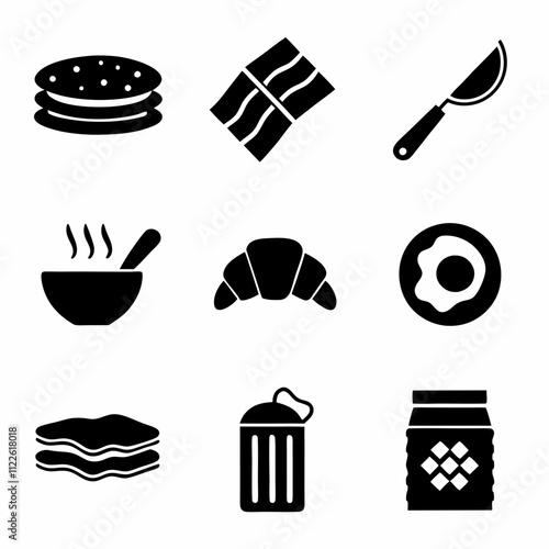 Breakfast Food Icons Pancakes, Bacon, Knife, Cereal, Croissant, Egg