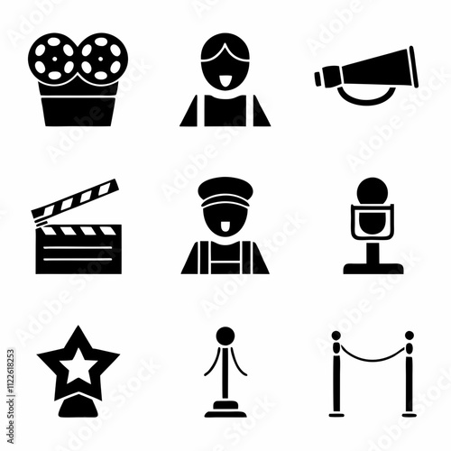 Filmmaking Icons Movie Reel, Clapperboard, Director, Star, Microphone