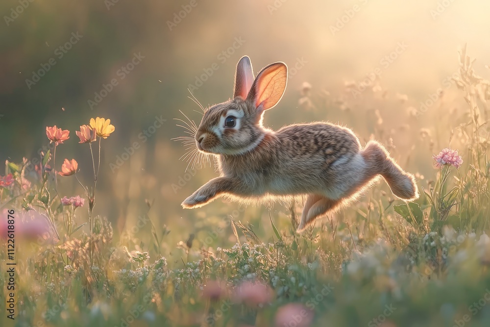 Obraz premium A rabbit hopping through a meadow, captured mid-jump with flowers in the background