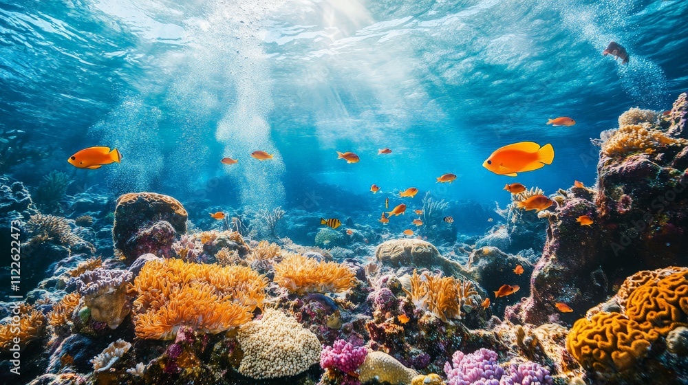 Fototapeta premium A vibrant coral reef filled with colorful tropical fish swimming gracefully in crystal-clear water
