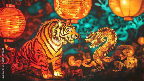 Illuminated tiger and dragon lanterns at night.