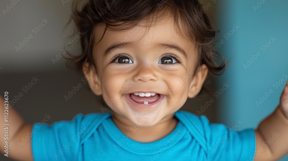 Fototapeta premium Adorable Happy Baby Smiling Close Up Portrait Toddler Joyful Expression