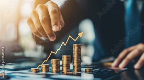 Obraz na płótnie Growth arrow up and progress success business skill increase improvement graph on market profit stock background with goal of achievement futuristic finance economy w salonie