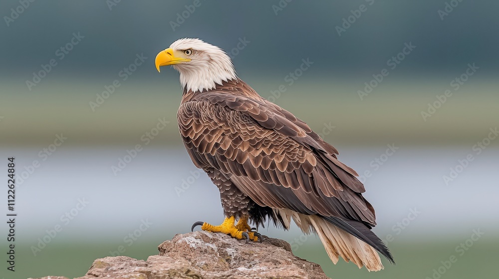 Obraz premium Majestic Bald Eagle Perched on Rock Lake View Wildlife Photography