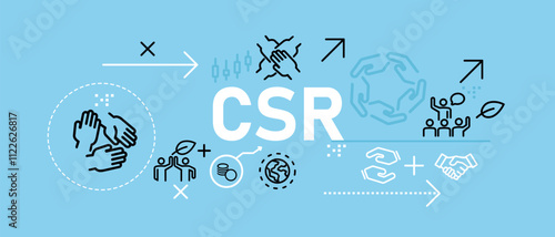CSR corporate social responsibility company green ethics web header illustration concept with icon flat bright blue color