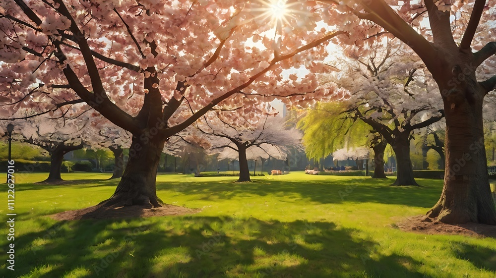 Obraz premium Sunlit Park with Blossoming Cherry Trees in Spring