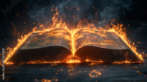 Burning mystical book with glowing flames in the dark photo