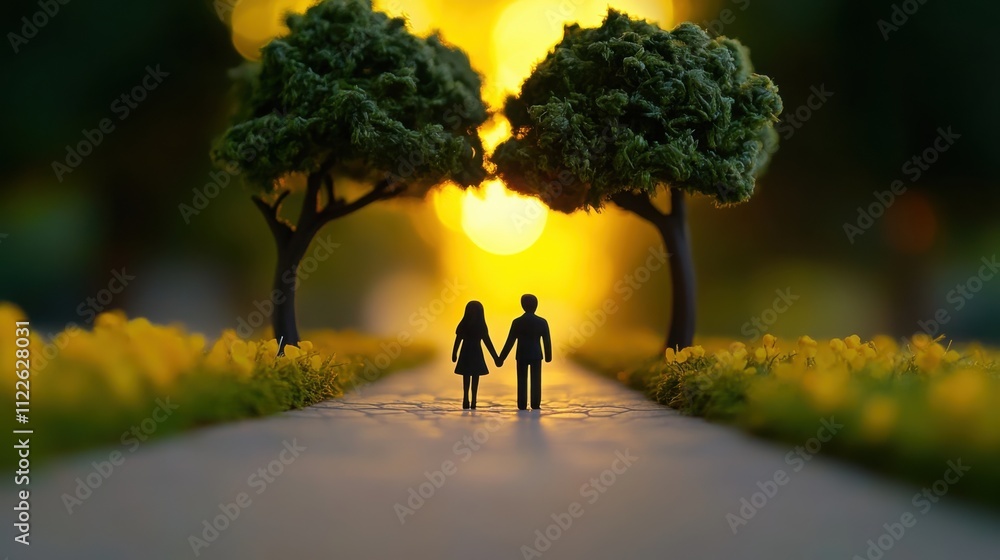 Obraz premium a romantic scene of a couple holding hands, walking through a park on a sunny day