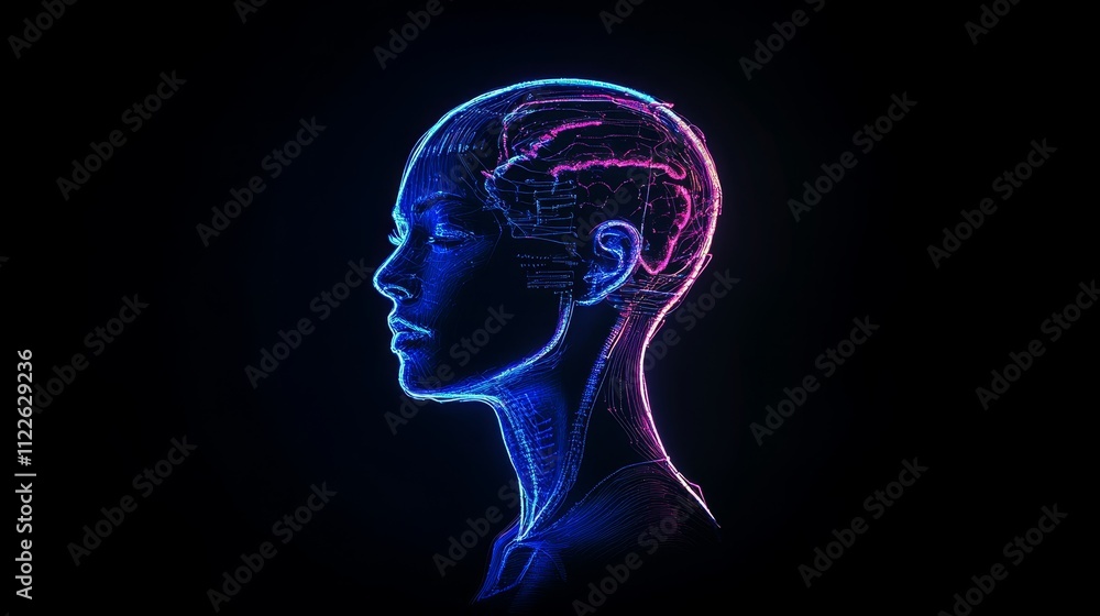 Fototapeta premium Digital neon human head. Thinking, psychology concepts.