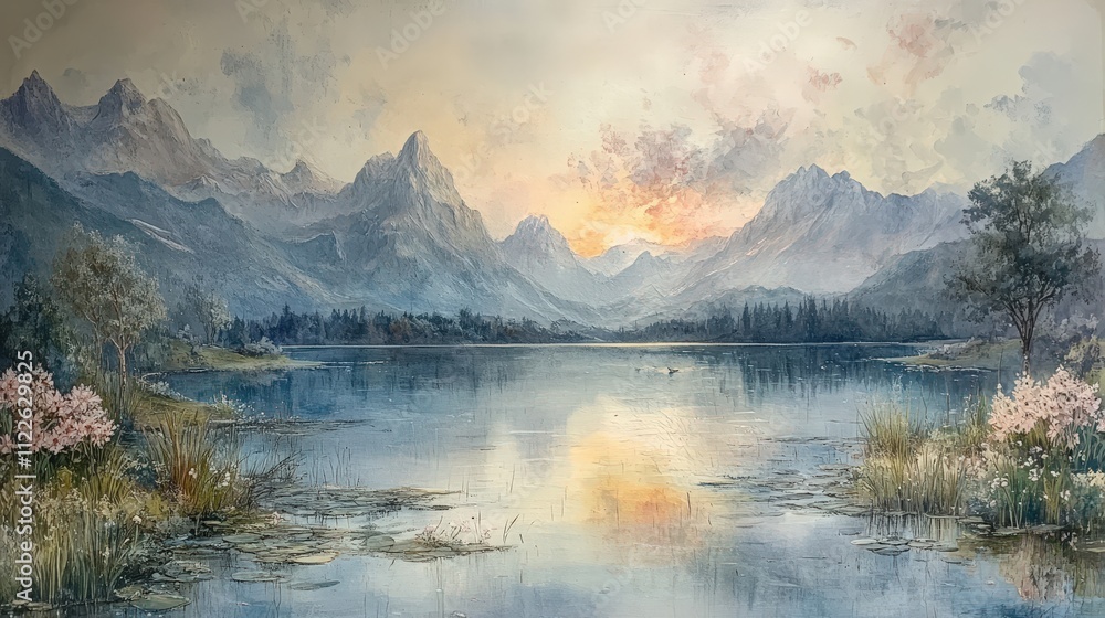 Serene landscape featuring mountains, a calm lake, and a colorful sunset. Serene landscape featuring mountains, a calm lake, and a colorful sunset.