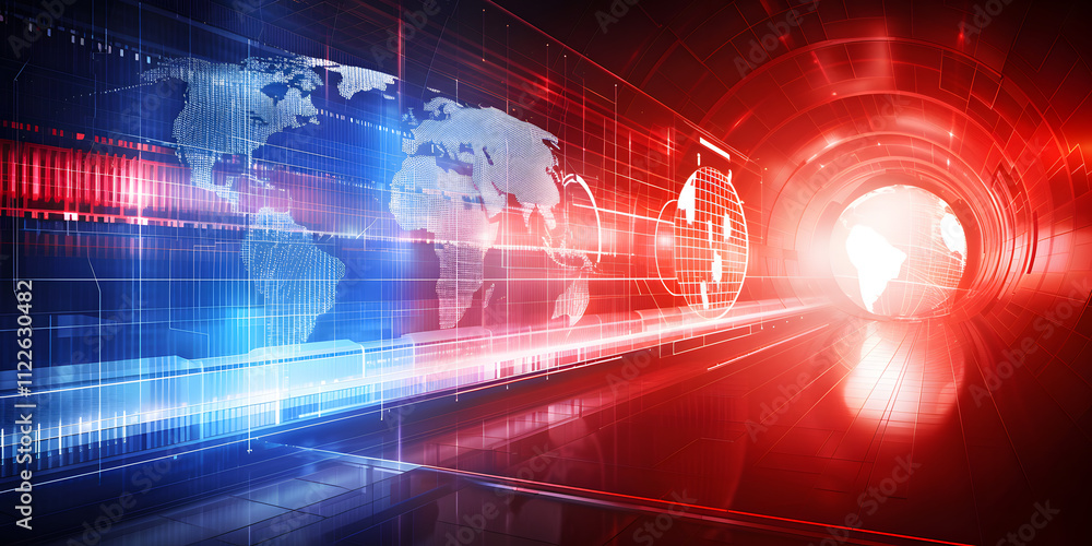Obraz premium This global technology background includes a world map, red and blue digital data streams, and a futuristic tunnel. Ideal for content related to news, technology, and data themes