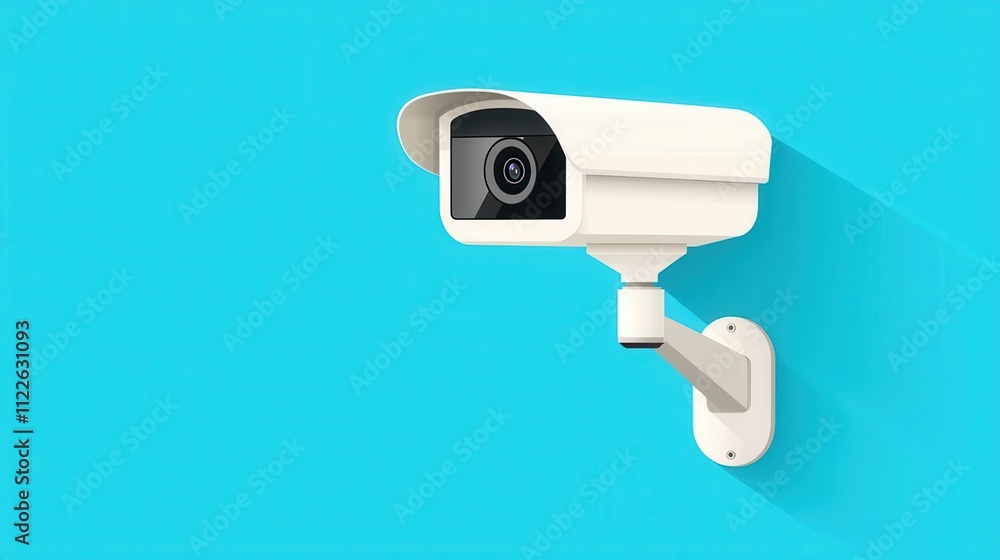 A modern security camera mounted on a wall, designed for surveillance, against a bright blue background. A modern security camera mounted on a wall, designed for surveillance, against a bright blue background.
