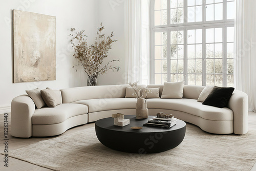 Elegant French Living Room: Oversized Cream Sofa, Beige Walls, Luxury Minimalist Design