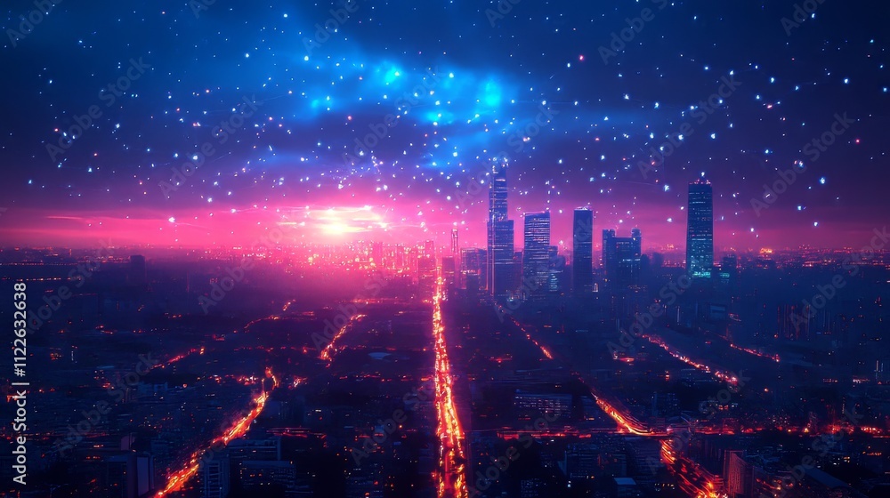 Obraz premium Vibrant Night Cityscape with Stars and Cosmic Glow