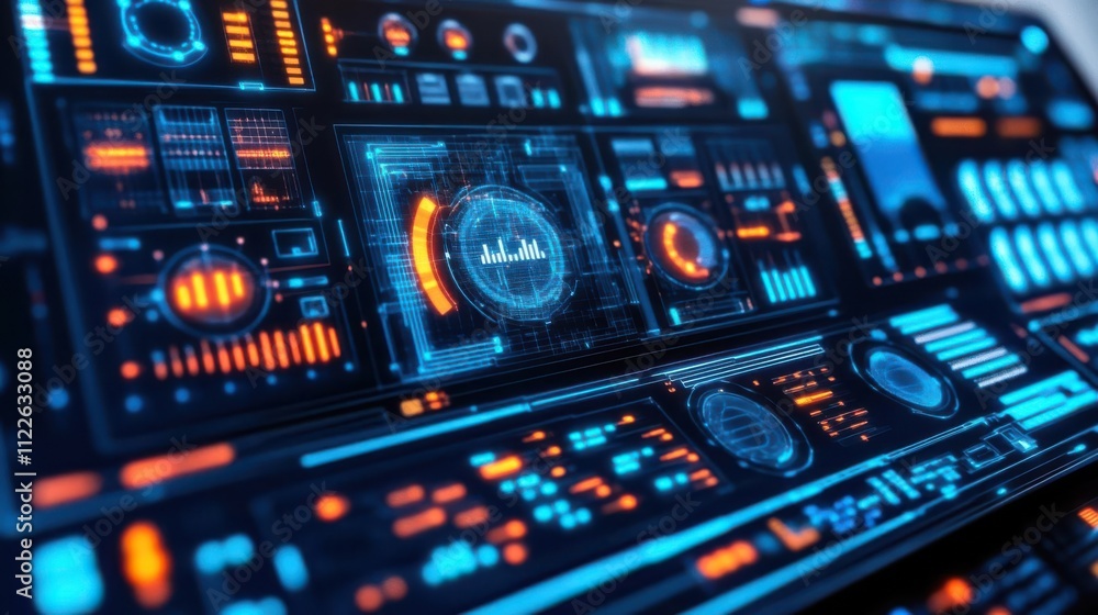 Obraz premium Futuristic control panel with glowing interfaces and data displays.