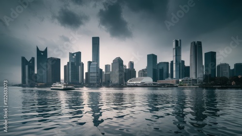 Urban Skyline with Dramatic Clouds Over River in Modern City