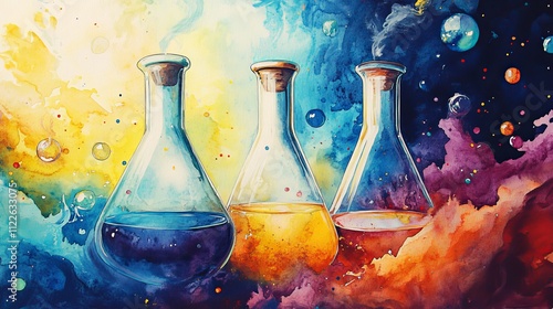 Whimsical watercolor science theme with floating flasks and splashes of bright colored liquids photo