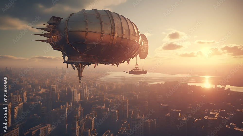 Obraz premium Steampunk Airship Soaring Over Sunset Cityscape