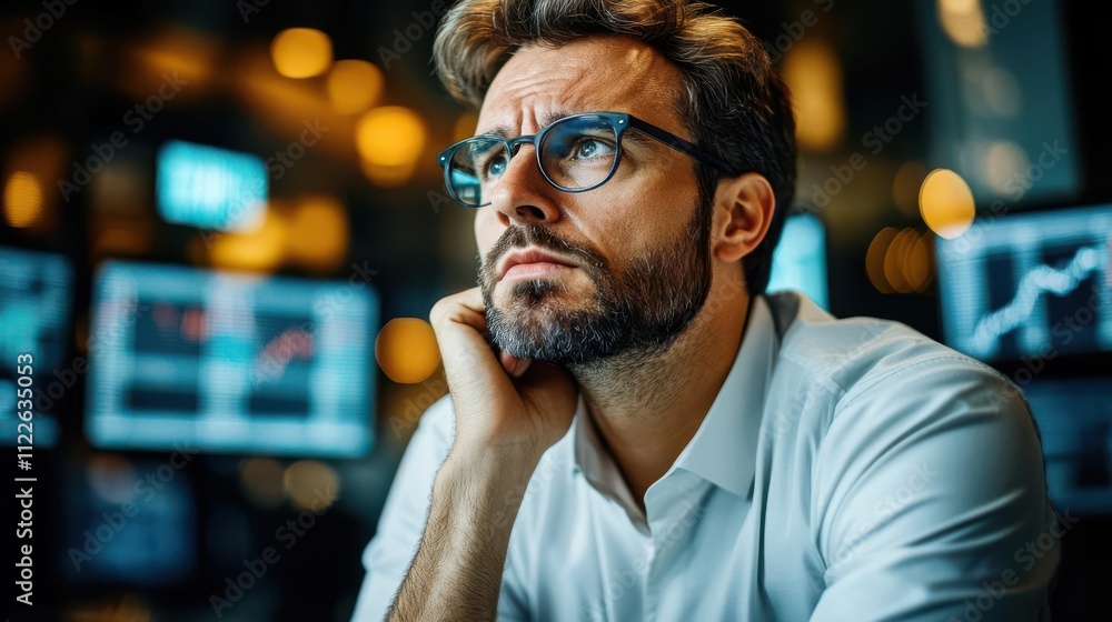 A thoughtful man in glasses reflects on data displayed on screens in a professional setting. A thoughtful man in glasses reflects on data displayed on screens in a professional setting.