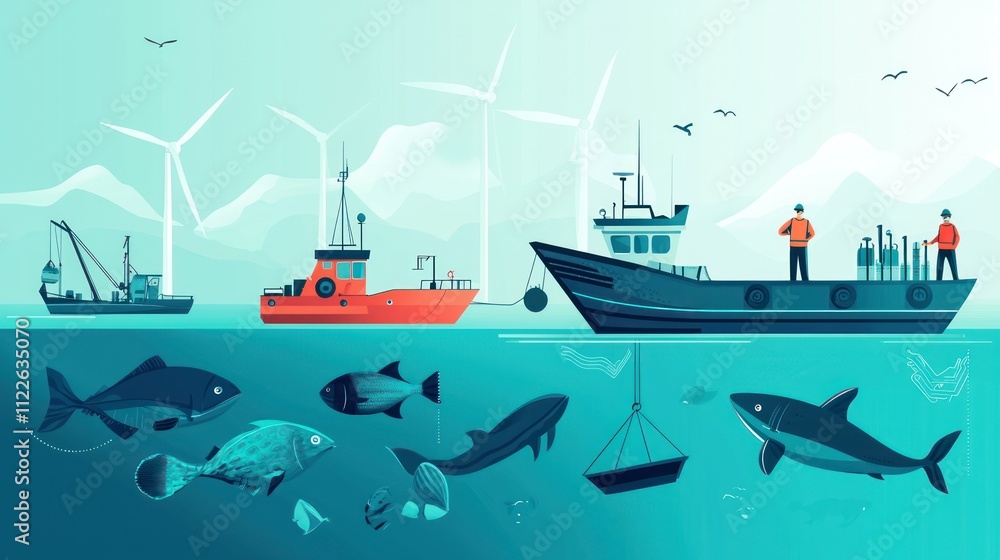 Fototapeta premium A vibrant illustration depicting fishing boats, marine life, and wind turbines, showcasing the intersection of sea life and sustainable energy.