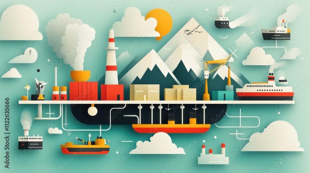 Naklejka premium A colorful, stylized illustration depicting industrial elements, including ships, factories, mountains, and clouds, representing trade and transportation.