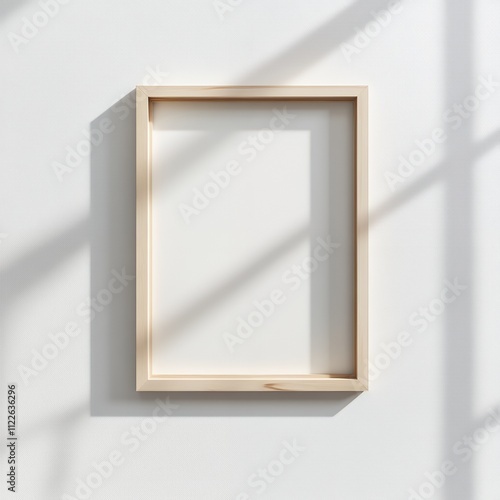 日差しが差し込む白い壁に掛けられたシンプルな木製フレームのモックアップ | Minimal Wooden Frame Mockup on Sunlit White Wall photo