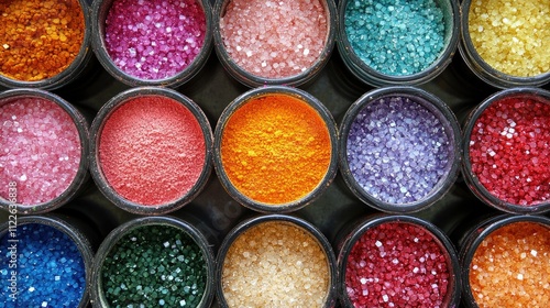 Top view of colorful rangoli powders in small containers, clean background, copy space photo