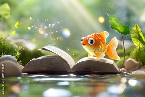 A cute cartoon goldfish with big eyes is reading an open book, surrounded by magical light and shimmering water photo