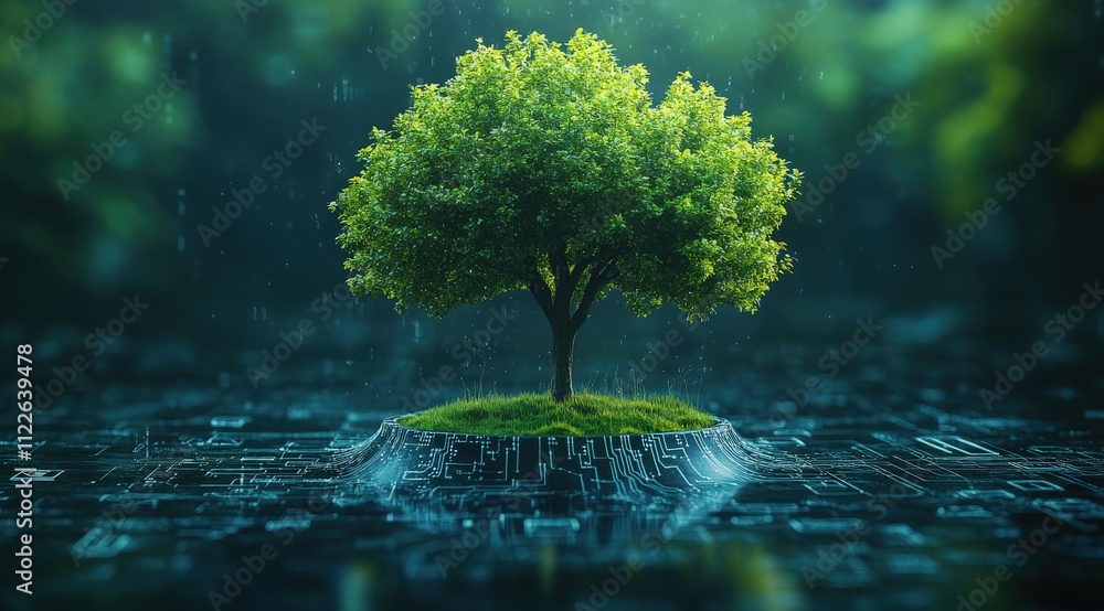 Lush green tree flourishing on a digital circuit board, symbolizing technological harmony with nature. Lush green tree flourishing on a digital circuit board, symbolizing technological harmony with nature.