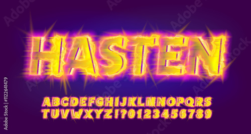 Hasten alphabet font. Colorful neon letters and numbers. Retro typescript for your typography design.