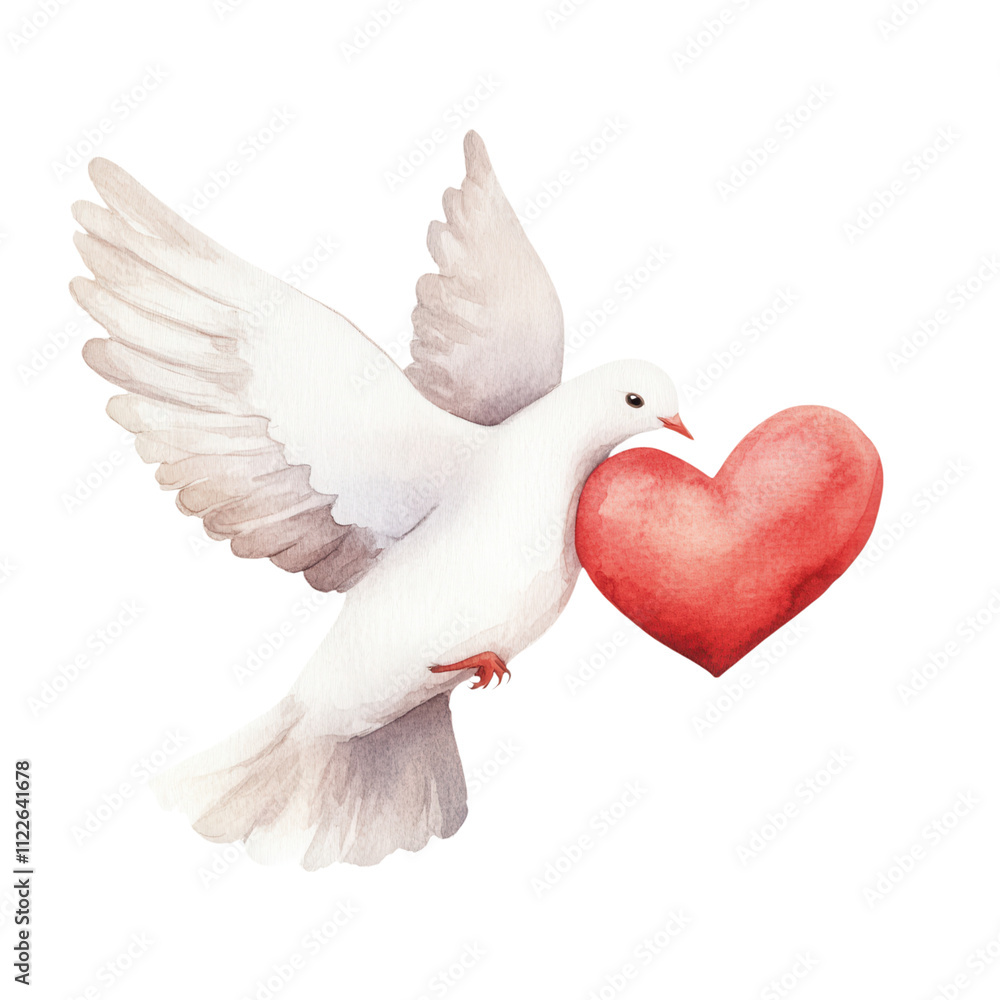 Fototapeta premium A white dove gracefully carries a vibrant red heart, symbolizing love and peace, white background, transparent background.