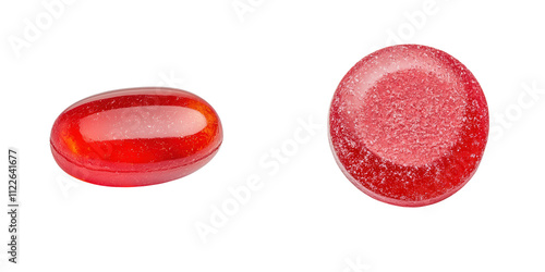 Two red capsules, one oval and one round, showcasing a glossy surface with visible texture and color depth, white background, transparent background.