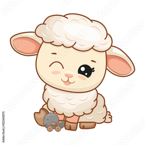Little cute cartoon childish sheep playing whale toy illustration in flat style. Vector illustration for poster, greeting card and kids design.Печать