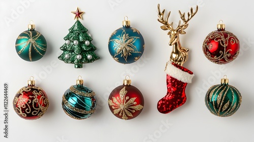 Christmas Ornament Flat Lay: A festive arrangement of Christmas ornaments, including baubles, a mini Christmas tree, a golden reindeer, and a Santa stocking.