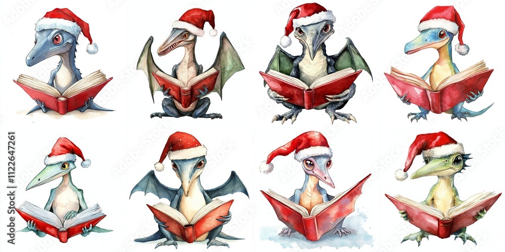 Naklejka premium Adorable Pteranodon Dinosaurs Reading Books in Santa Hats - Eight charming watercolor illustrations of Pteranodons wearing Santa hats and reading books. Symbolizes Christmas, learning, cuteness, dinos