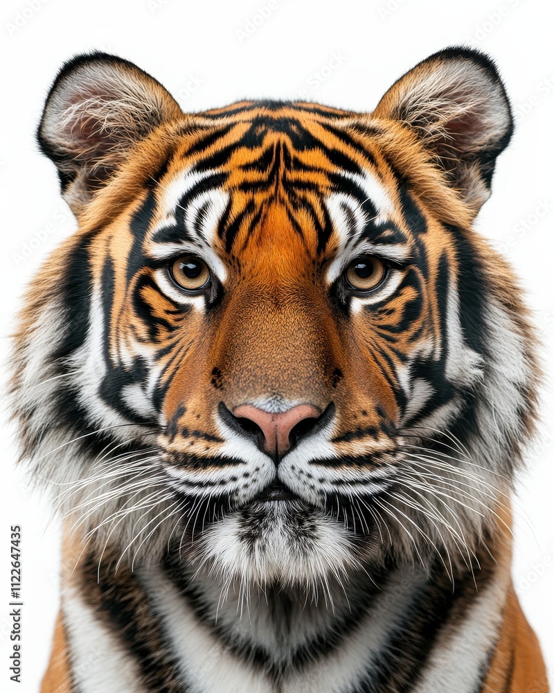 Fototapeta premium Majestic Close-Up Portrait of a Sumatran Tiger, Intense Gaze, White Background