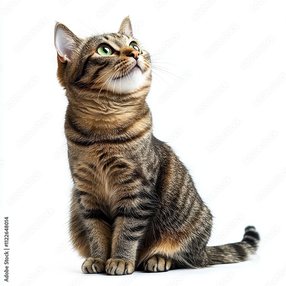 Fototapeta premium Adorable Tabby Cat Looking Upwards, Isolated on White Background - Perfect for Pet, Animal, and Veterinary Websites
