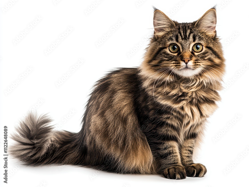 Fototapeta premium Adorable Long-Haired Tabby Cat Sitting, Isolated on White Background - Studio Photography of Fluffy Pet