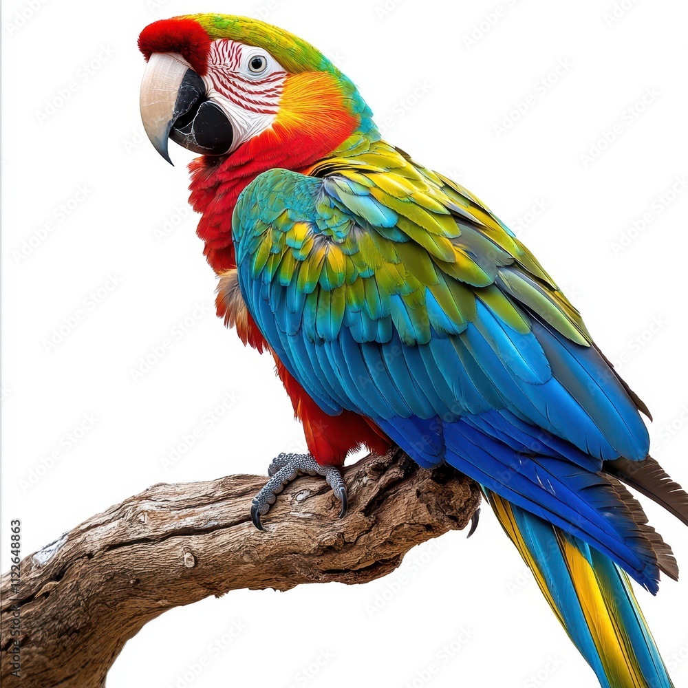 Fototapeta premium Vibrant Scarlet Macaw Perched on a Weathered Branch - Isolated on White Background.