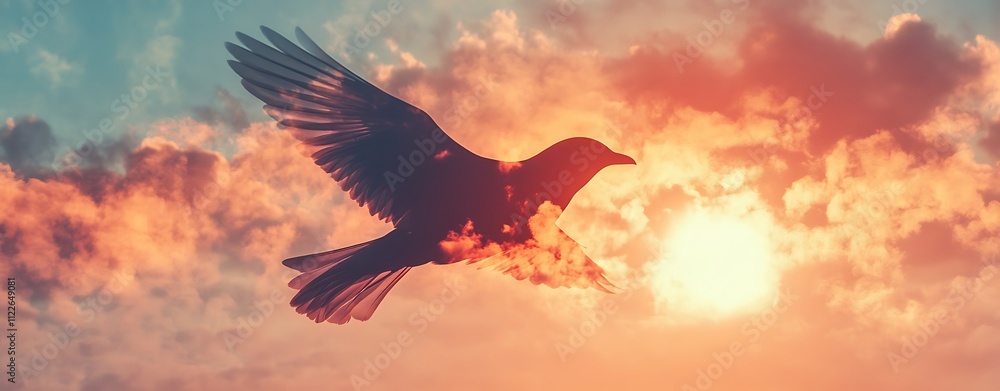 Fototapeta premium Double Exposure Inspirational, Double Exposure of Bird in Flight with Dramatic Clouds