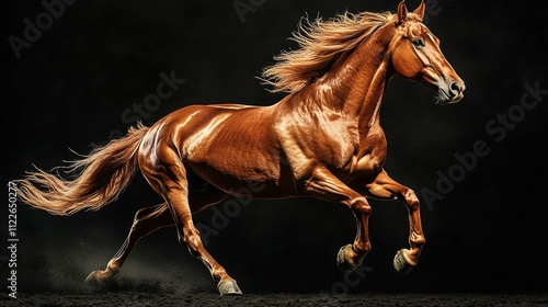 An image made using only the same shade of chestnut brown of a horse against a black background. The horseâ€™s strong, muscular body gallops through the dark plains photo