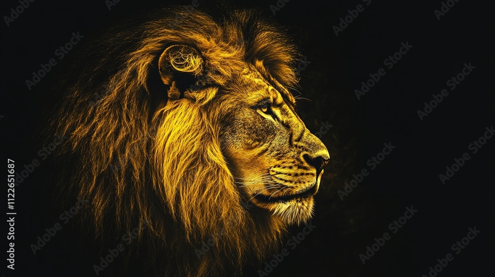 Fototapeta premium An image made using only the same shade of golden yellow of a lion against a black background. The lionâ€™s powerful mane and regal posture radiate strength and authority