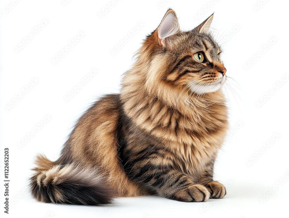 Fototapeta premium Majestic Long-haired Tabby Cat Sitting, Isolated on White Background Perfect for Pet, Animal, and Veterinary Websites